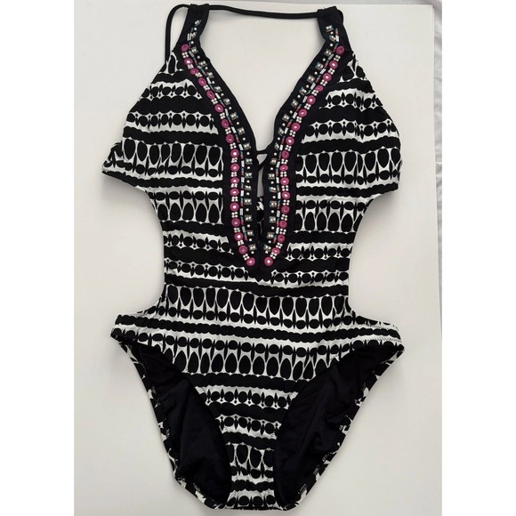 Nanette Lepore Other - Nanette Lepore Grand Bazaar Seductress Monokini Beaded Plunge Cutout Halter L